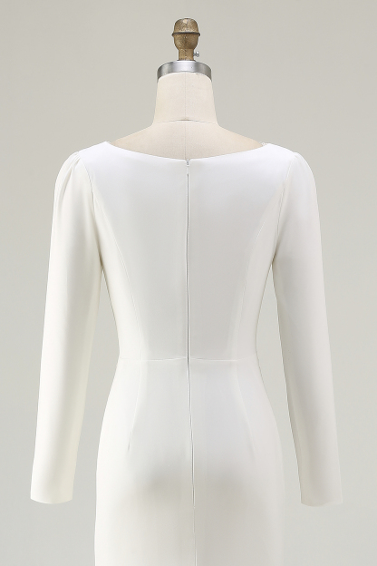 Elegant Ivory Bateau Neck Long Sleeves Sheath Wedding Dress with Slit