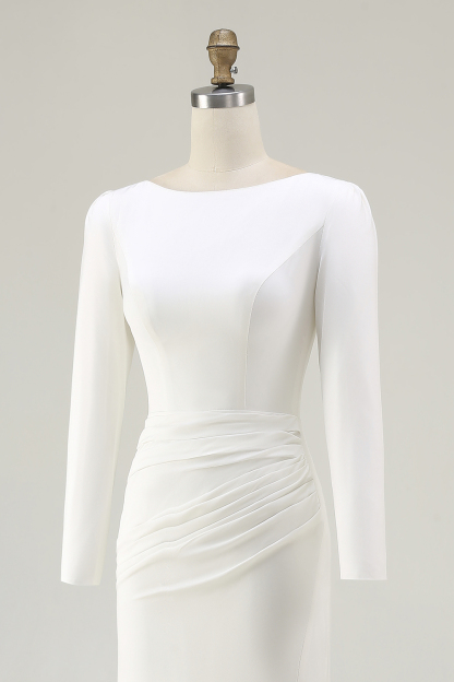 Elegant Ivory Bateau Neck Long Sleeves Sheath Wedding Dress with Slit