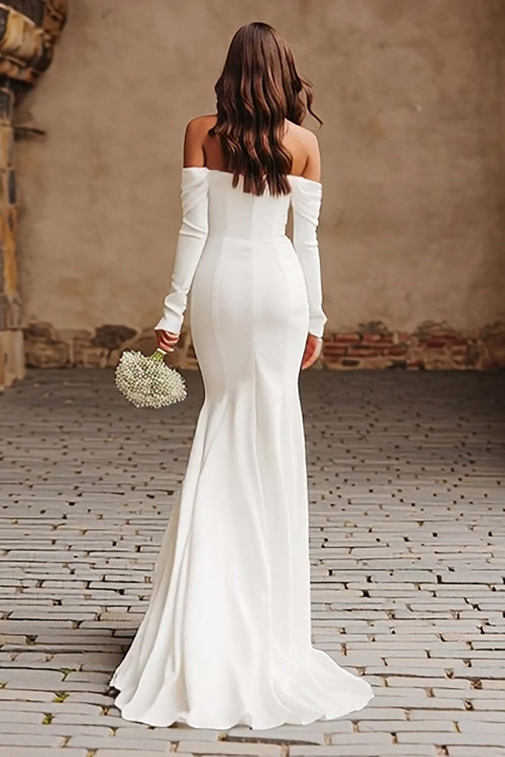 Ivory Long Sleeves Mermaid Sweep Train Wedding Dress with Slit
