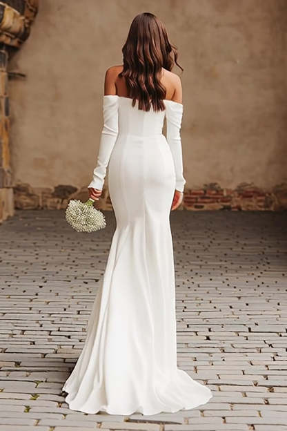 Ivory Long Sleeves Mermaid Sweep Train Wedding Dress with Slit
