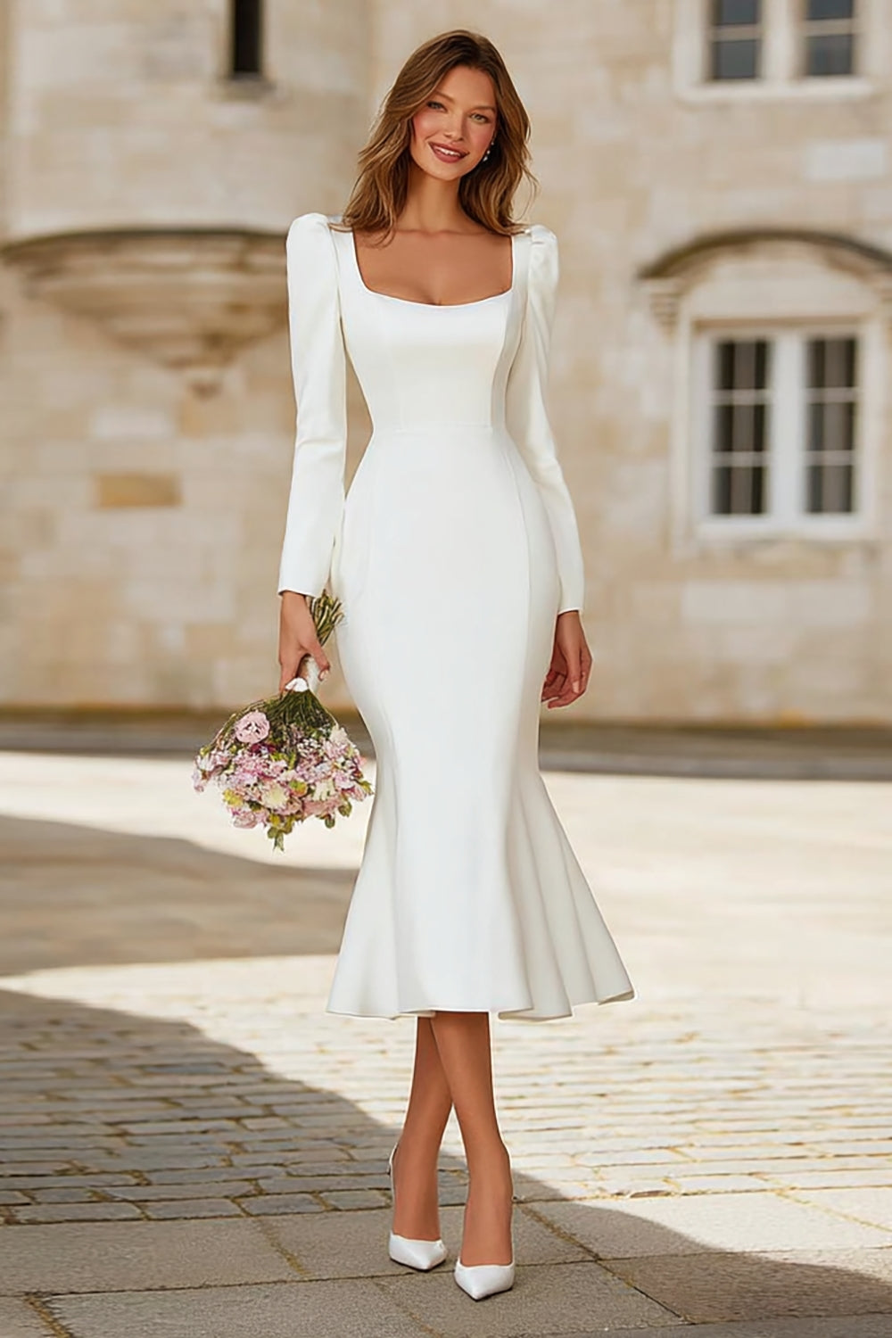 Ivory Mermaid Square Neck Tea Length Engagement Dress with Sleeves