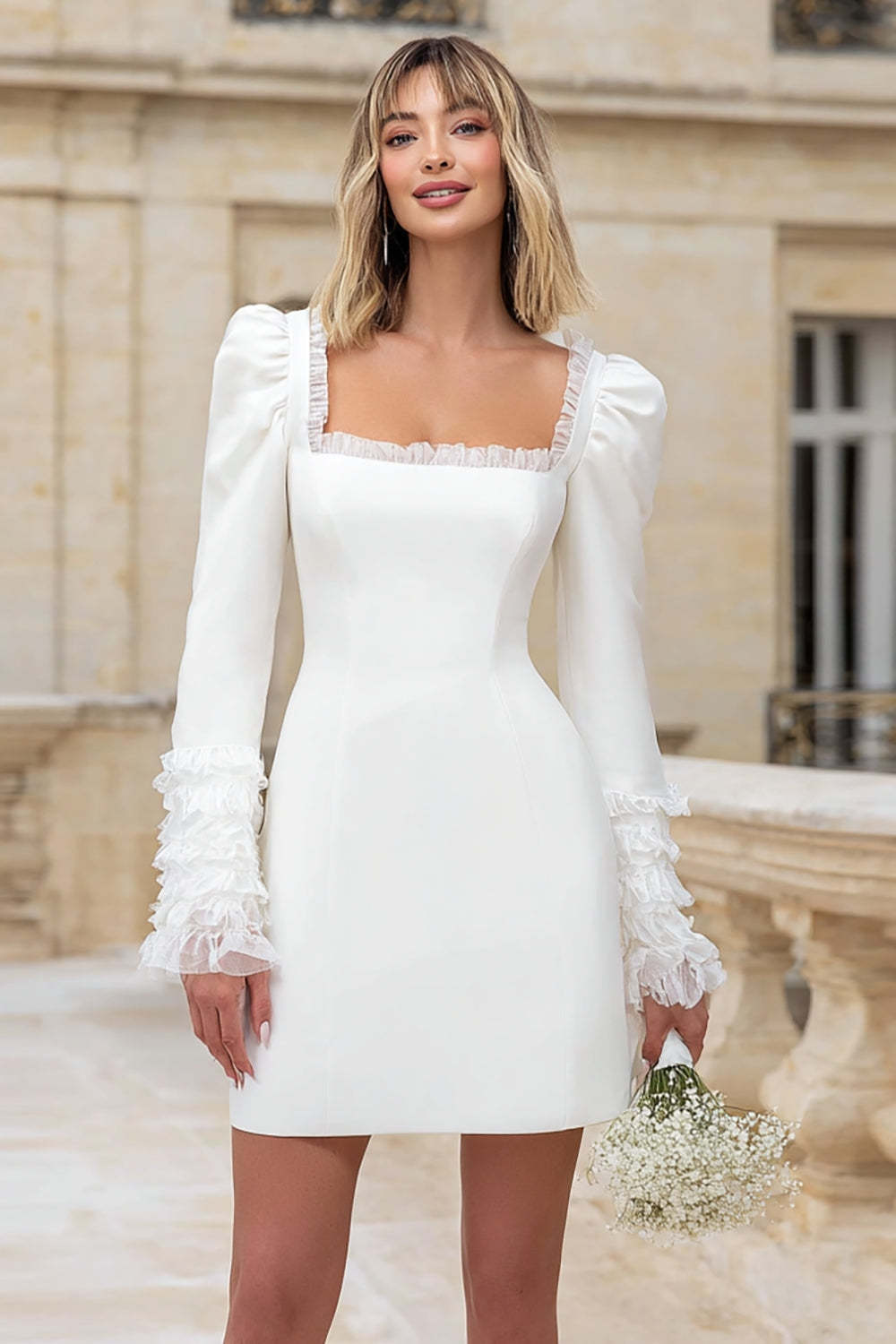 Leely Women Ivory Bodycon Bridal Shower Dress with Ruffles Long Sleeves Square Neck Short Wedding Dress