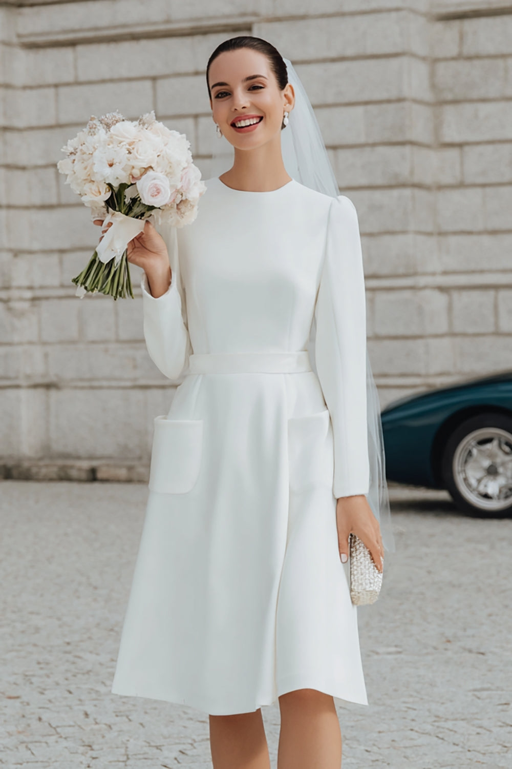Ivory A Line Round Neck Short Wedding Dress with Pockets