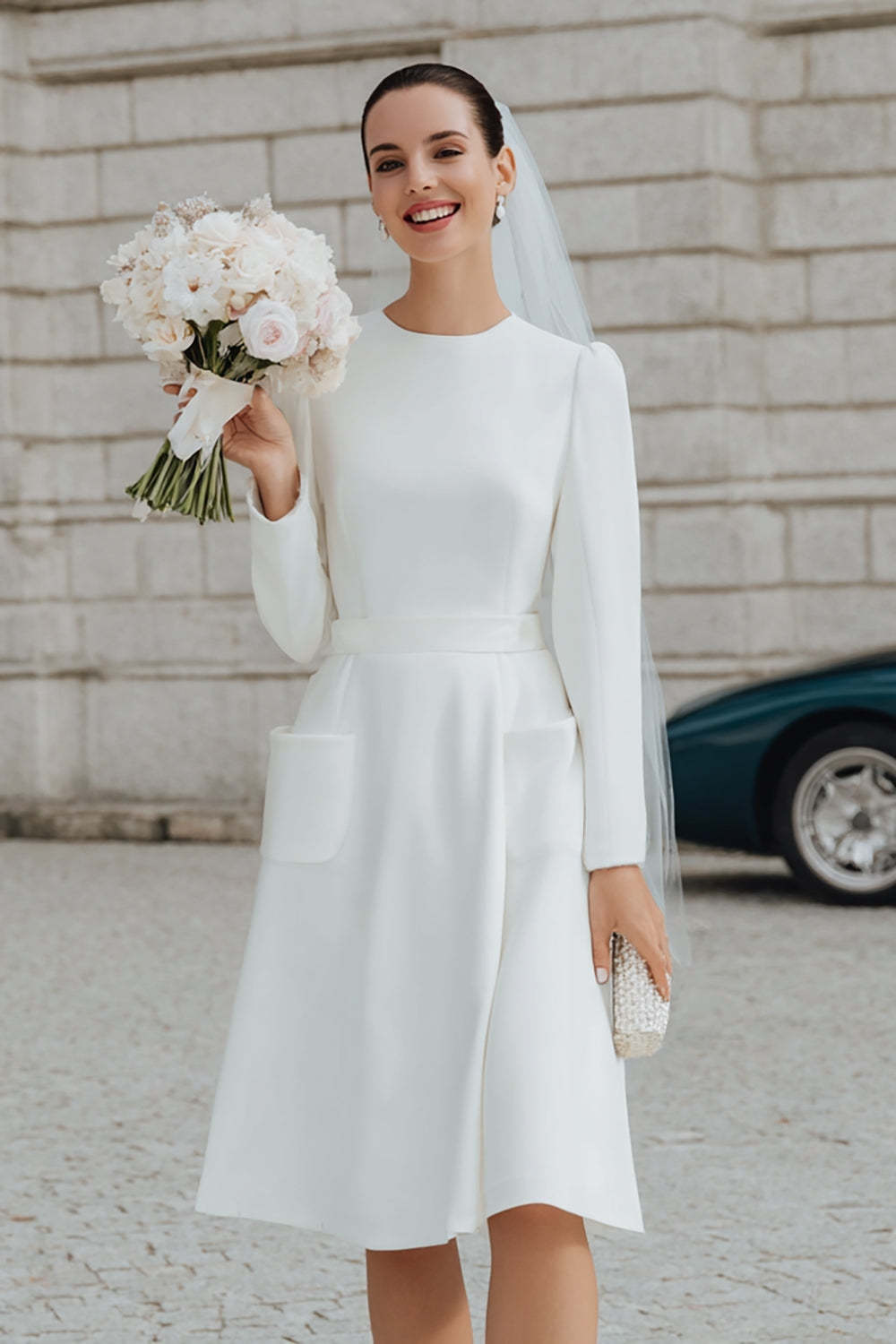 Leely Women Ivory A Line Short Wedding Dress with Pockets Round Neck Long Sleeves Engagement Dress