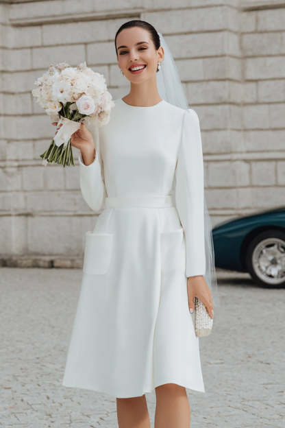Leely Women Ivory A Line Short Wedding Dress with Pockets Round Neck Long Sleeves Engagement Dress