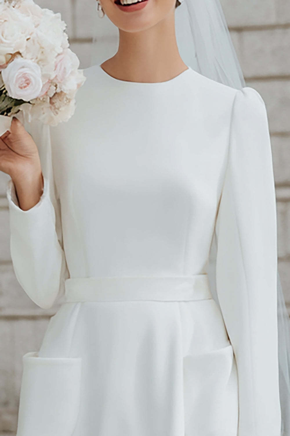 Ivory A Line Round Neck Short Wedding Dress with Pockets