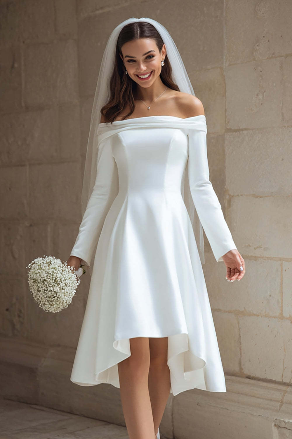 Leely Women Ivory A Line Satin Short Wedding Dress with Sleeves Off the Shoulder Engagement Dress