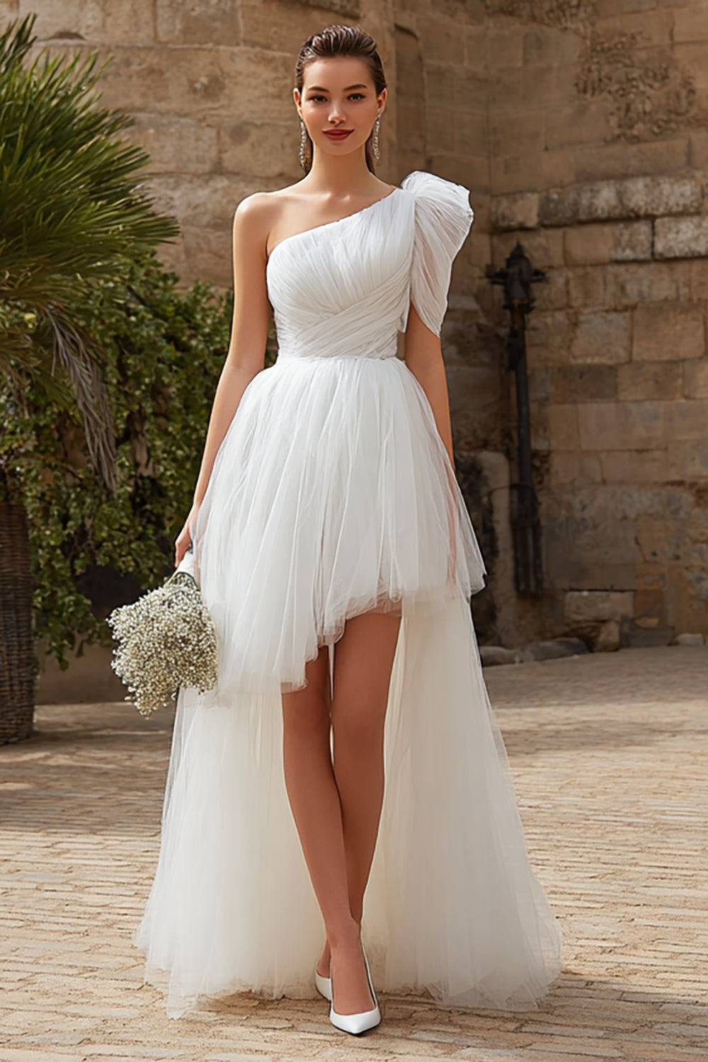 Ivory Tulle A-Line One Shoulder High Low Wedding Dress