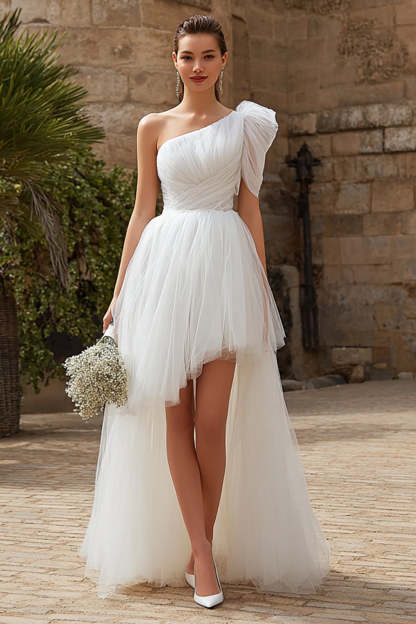 Leely Women Ivory A-Line High Low Wedding Dress One Shoulder Tulle Ruched Engagement Dress