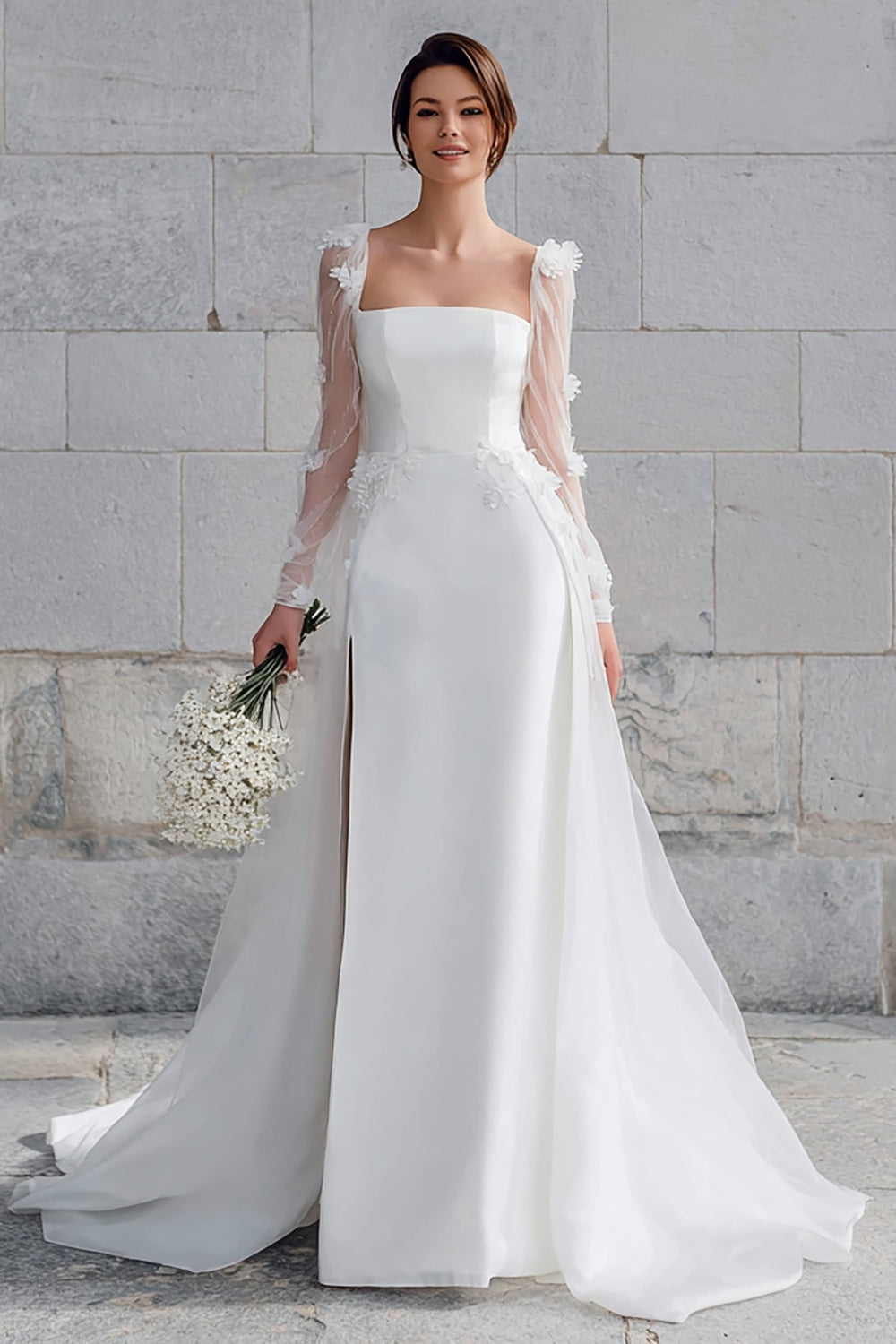 Leely Women Ivory Sweep Train Wedding Dress with Appliques Square Neck Long Sleeves A-Line Bridal Dress with Slit