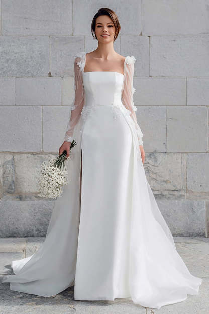 Leely Women Ivory Sweep Train Wedding Dress with Appliques Square Neck Long Sleeves A-Line Bridal Dress with Slit