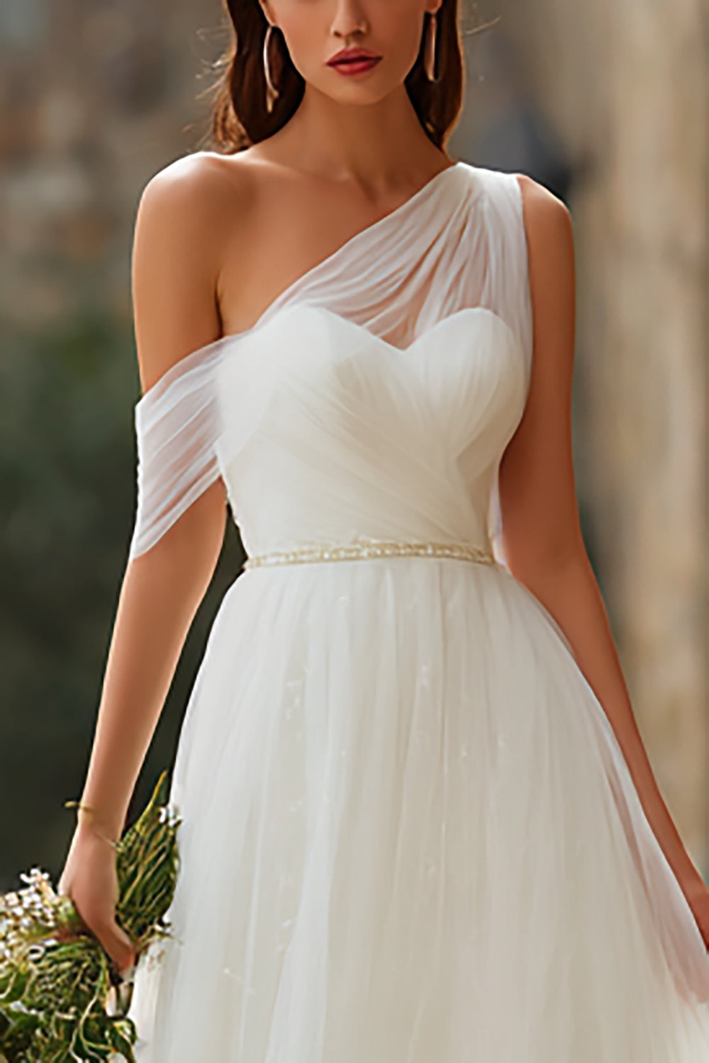 Modern Ivory One Shoulder Tulle A Line Floor Length Wedding Dress