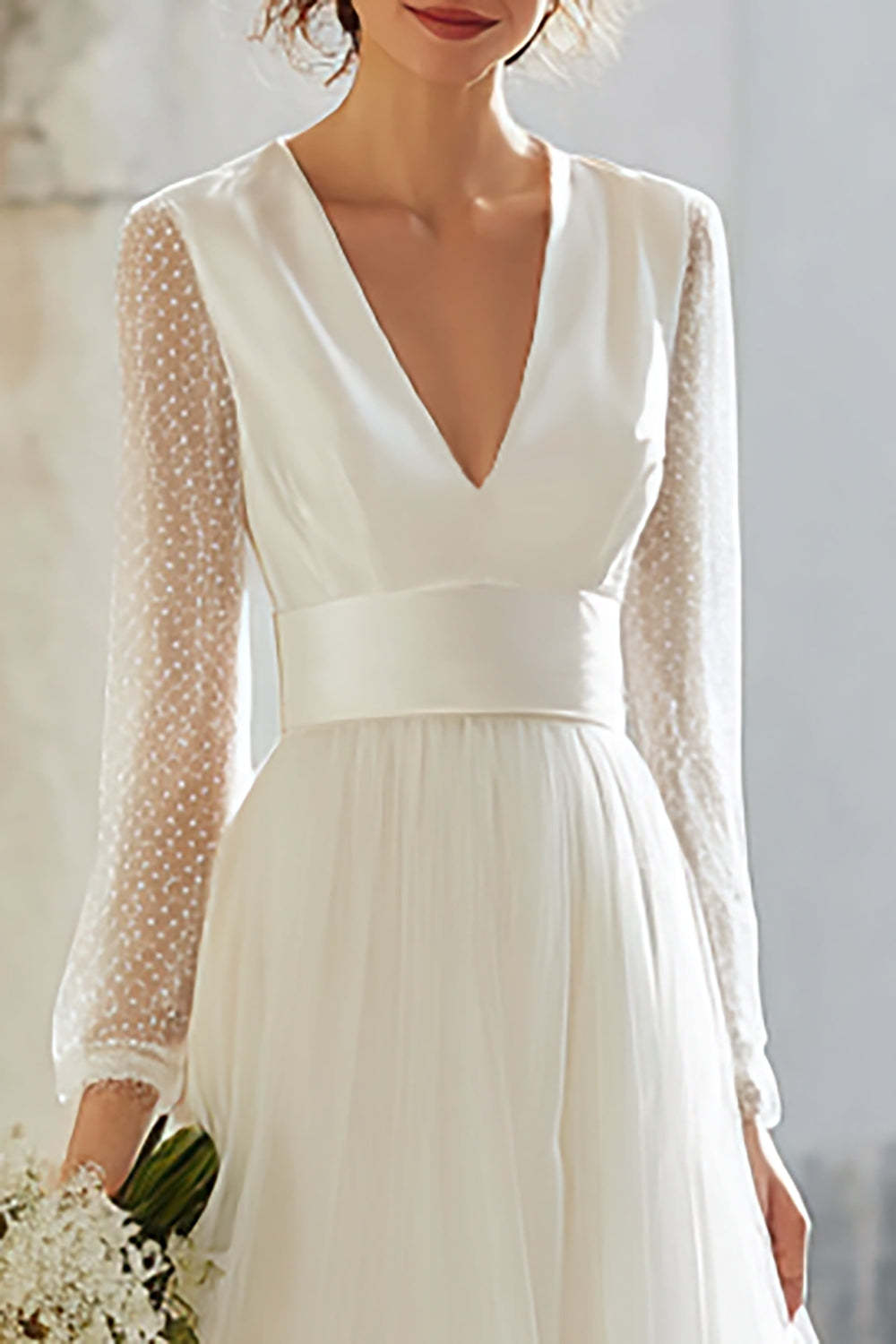 A Line Ivory Tulle V Neck Floor Length Wedding Dress with Sleeves