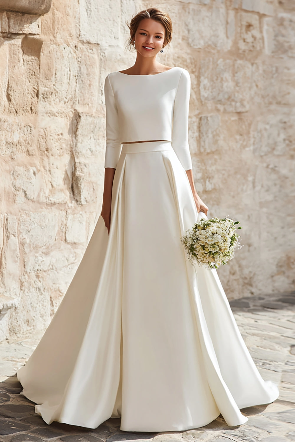 2 Piece Ivory Satin A-Line Boat Neck Long Wedding Dress with Sleeves