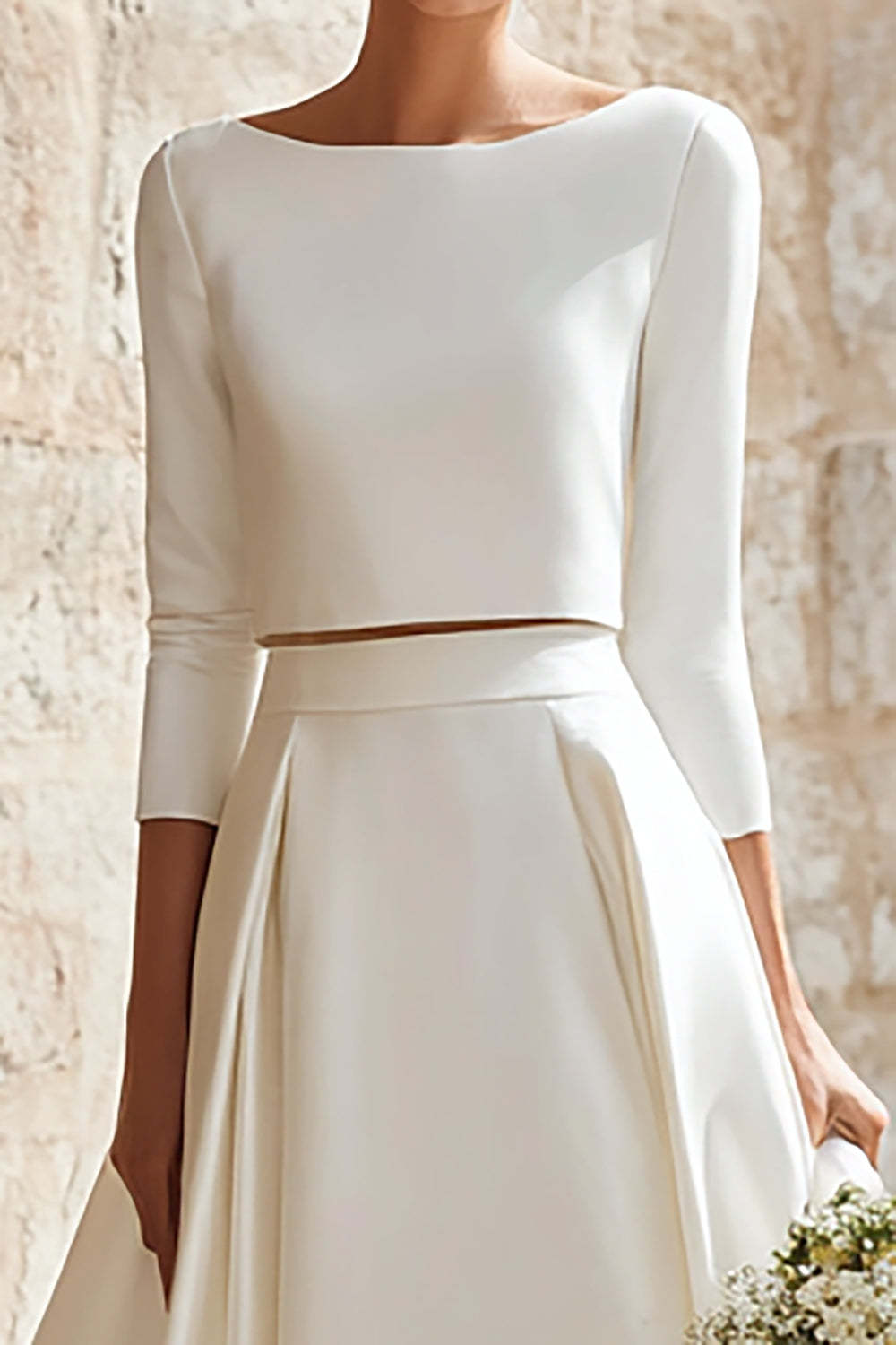 2 Piece Ivory Satin A-Line Boat Neck Long Wedding Dress with Sleeves