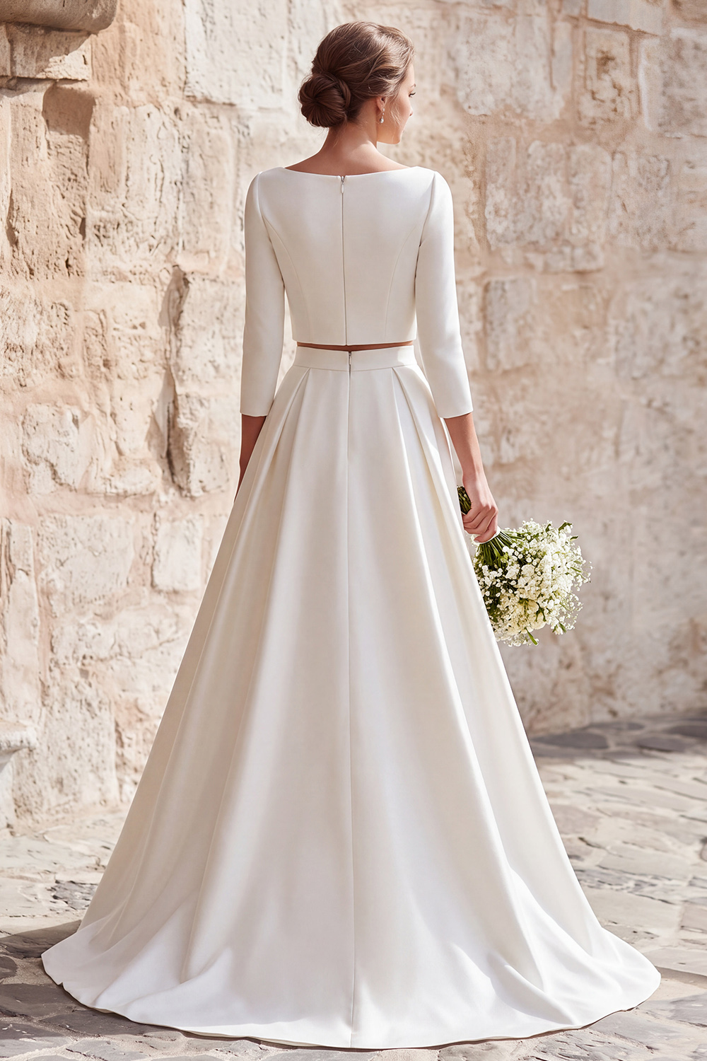 2 Piece Ivory Satin A-Line Boat Neck Long Wedding Dress with Sleeves