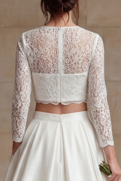 Ivory Satin 2 Piece Long Sleeves A Line Wedding Dress with Lace