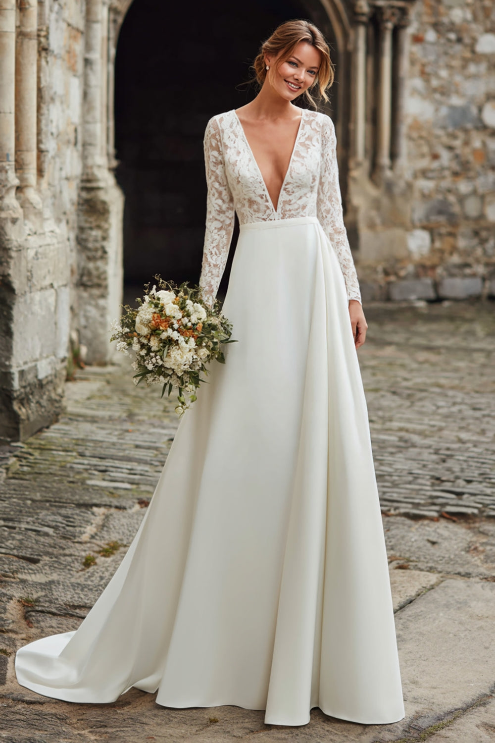 Leely Women Ivory Satin Sweep Train Wedding Dress with Lace Deep V-Neck A Line Long Sleeves Bridal Dress