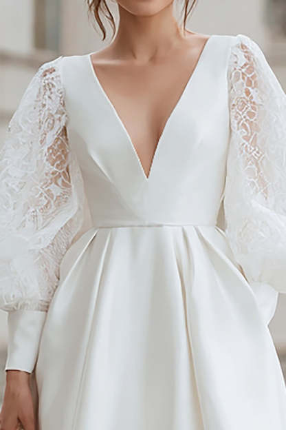 Ivory Satin A Line Lantern Sleeves Short Wedding Dress with Lace