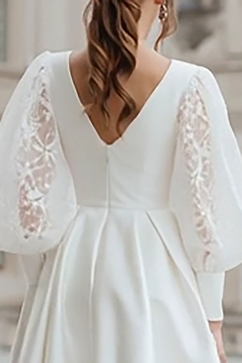 Ivory Satin A Line Lantern Sleeves Short Wedding Dress with Lace