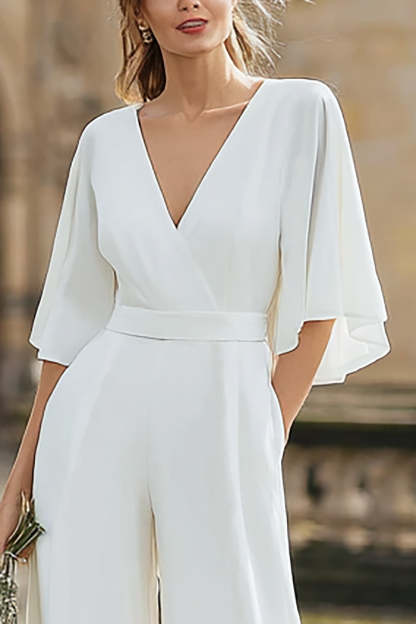 Ivory V-Neck Half Sleeves Wedding Jumpsuits with Pockets