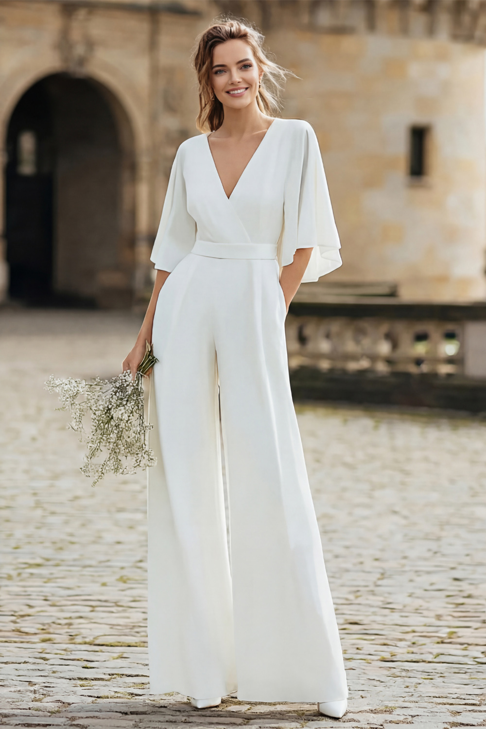 Leely Women Ivory Modern V-Neck Long Wedding Jumpsuits with Pockets Half Sleeves Bridal Jumpsuits