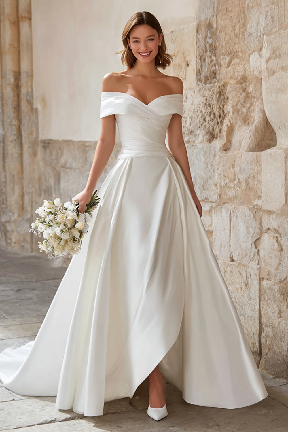 Leely Women Elegant Ivory A Line Sweep Train Wedding Dress Satin Off the Shoulder Bridal Dress with Slit