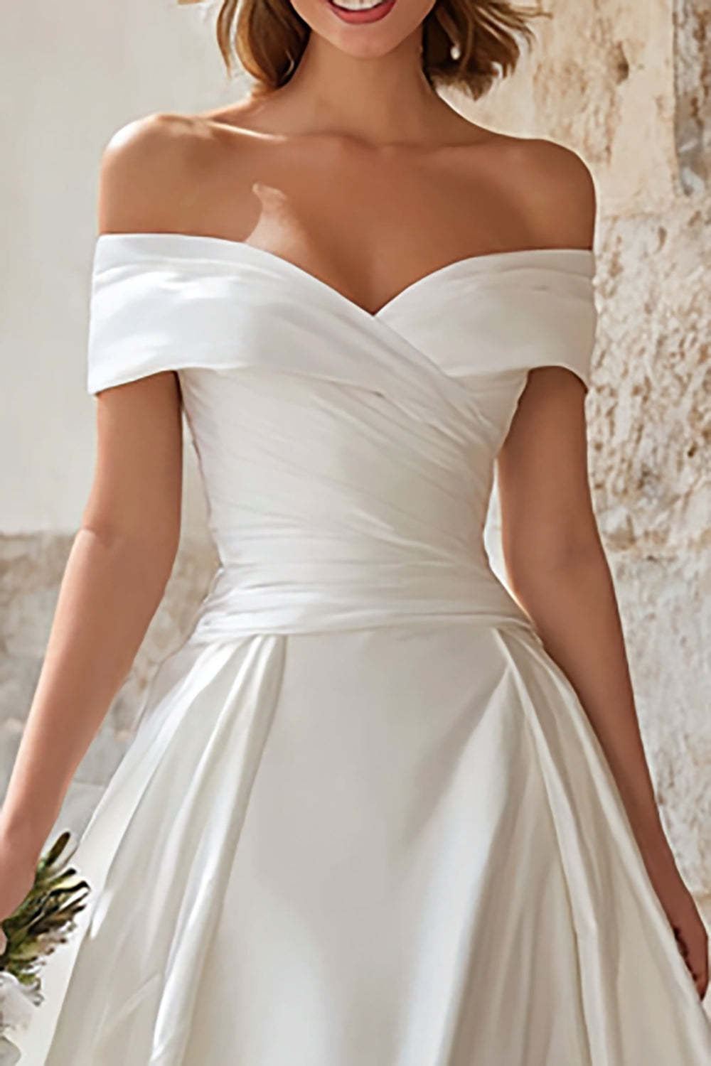 Ivory A Line Off the Shoulder Satin Sweep Train Wedding Dress