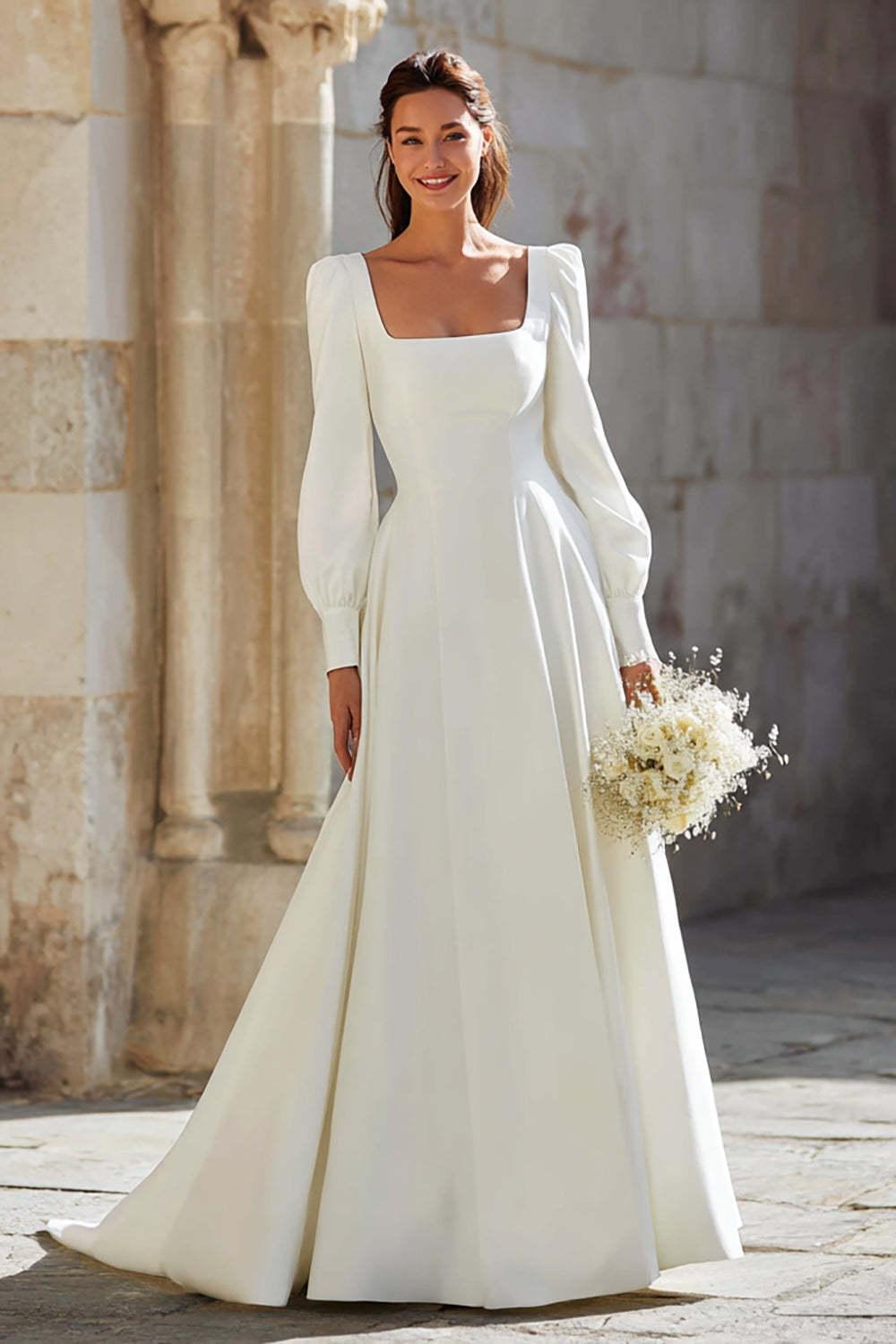 Leely Women Simple Ivory A-Line Sweep Train Wedding Dress Long Sleeves Square Neck Bridal Dress