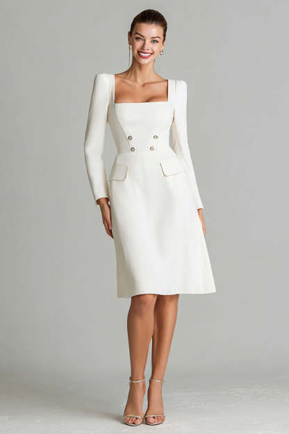 Leely Women Ivory Midi Satin Work Dress with Sleeves Square Neck A Line Business Dress with Buttons