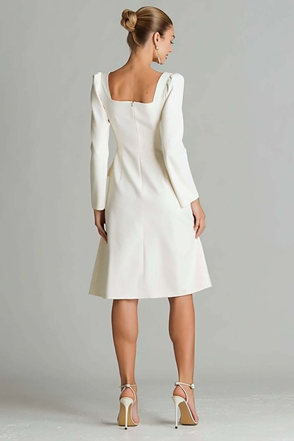 Ivory Square Neck Midi A Line Work Dress with Sleeves