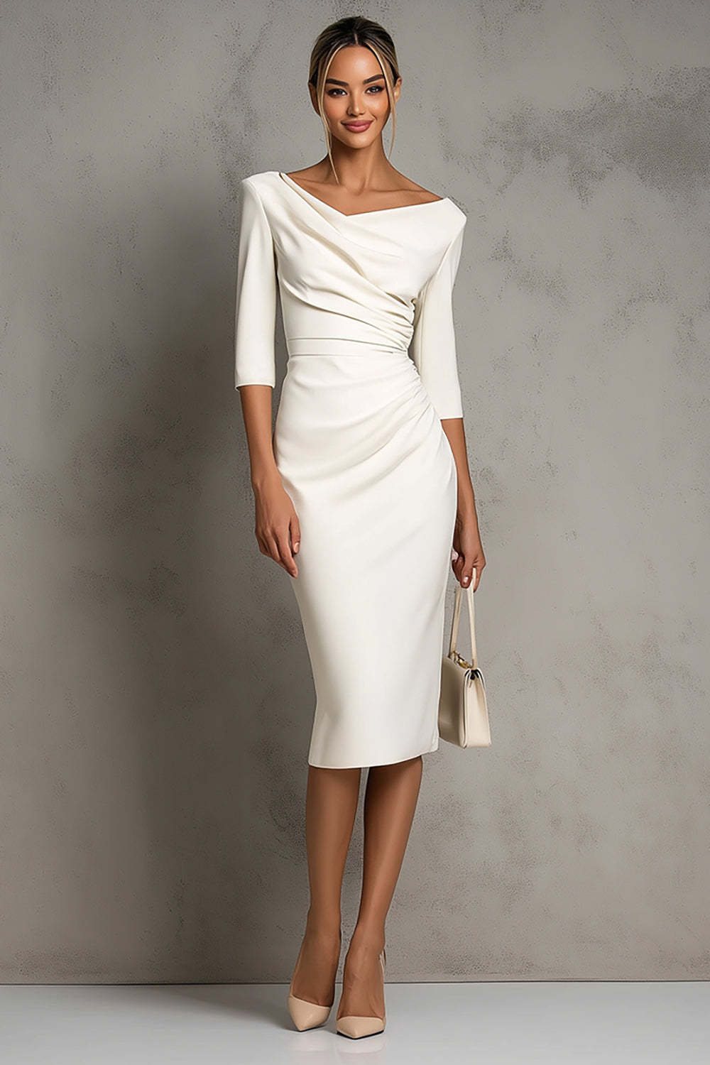 Leely Women Simple Ivory Satin Midi Work Dress with Slit Ruched Pencil Business Dress with Sleeves