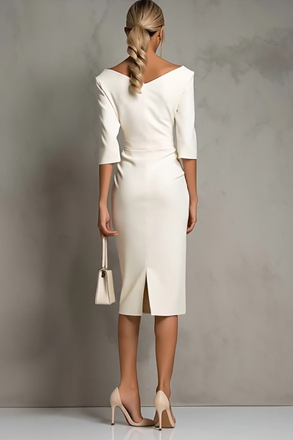 Simple Ivory Ruched Pencil Midi Work Dress with Slit