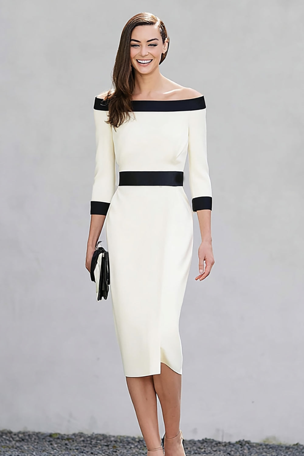 Black and White Pencil Off the Shoulder Midi Work Dress with Sleeves