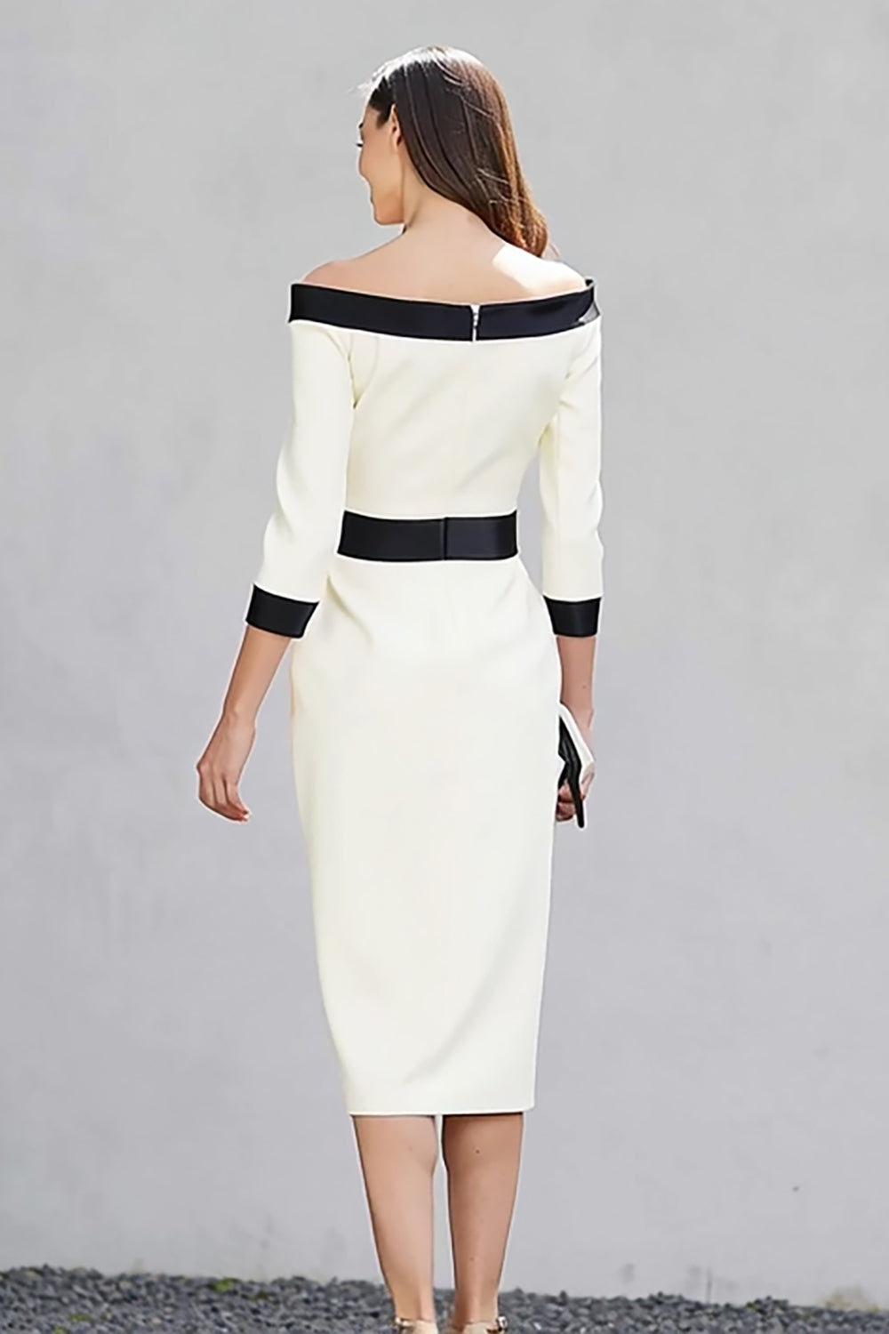 Black and White Pencil Off the Shoulder Midi Work Dress with Sleeves