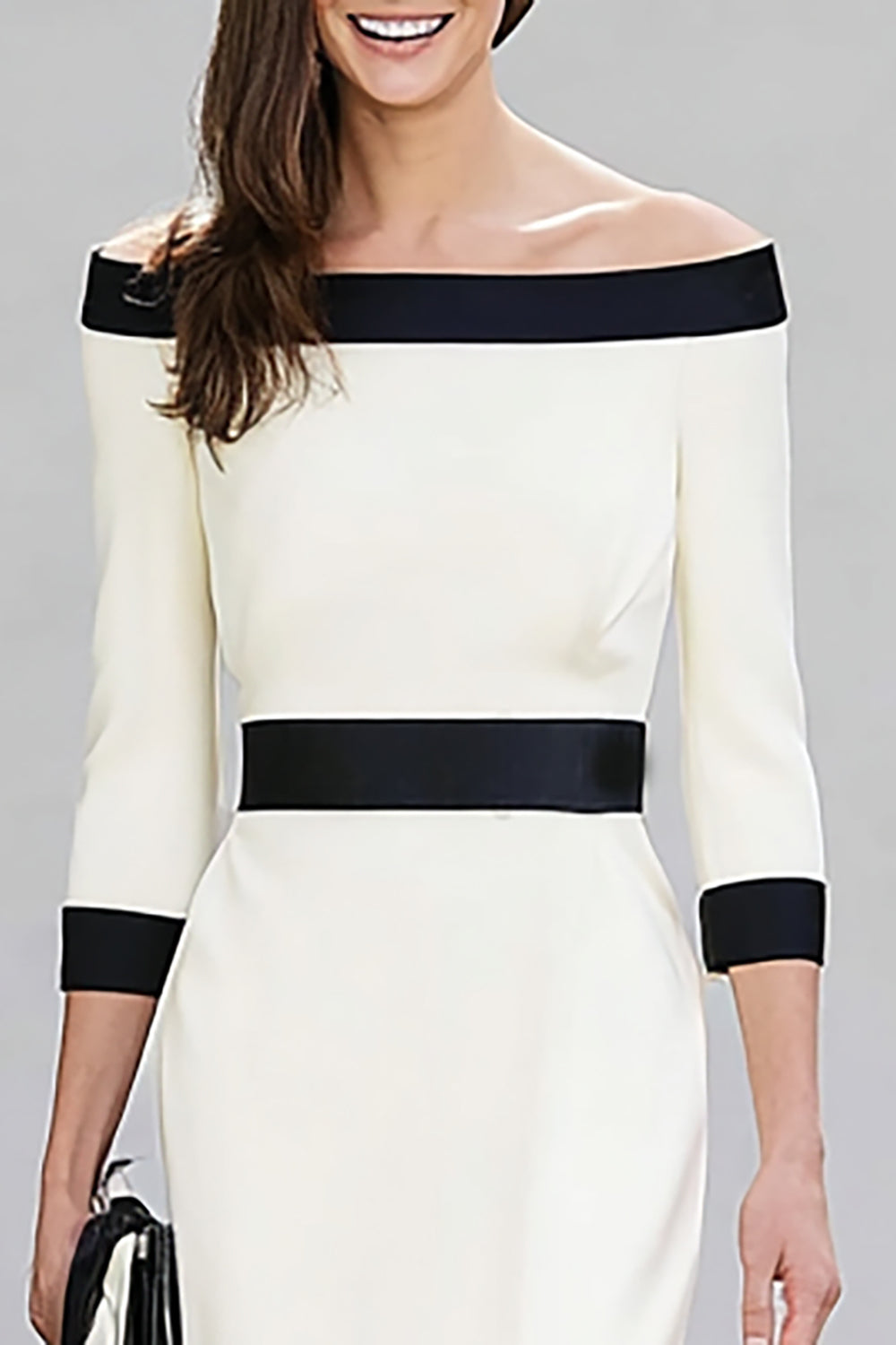 Black and White Pencil Off the Shoulder Midi Work Dress with Sleeves