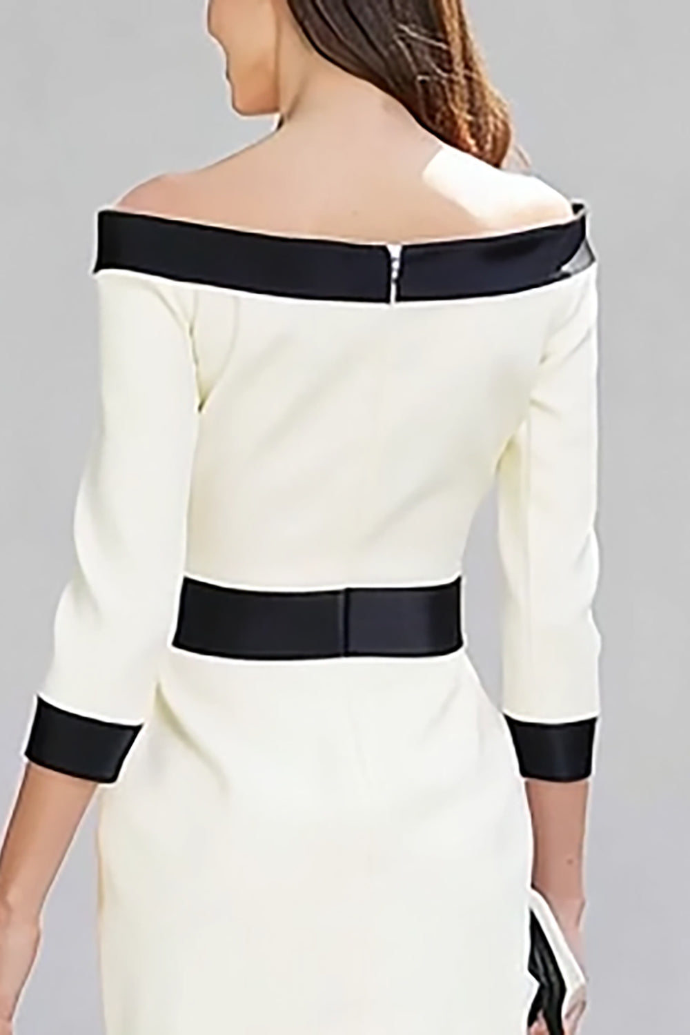 Black and White Pencil Off the Shoulder Midi Work Dress with Sleeves