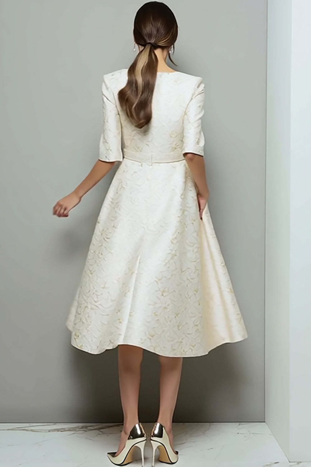 Ivory A Line Jacquard Midi Work Dress with Pockets