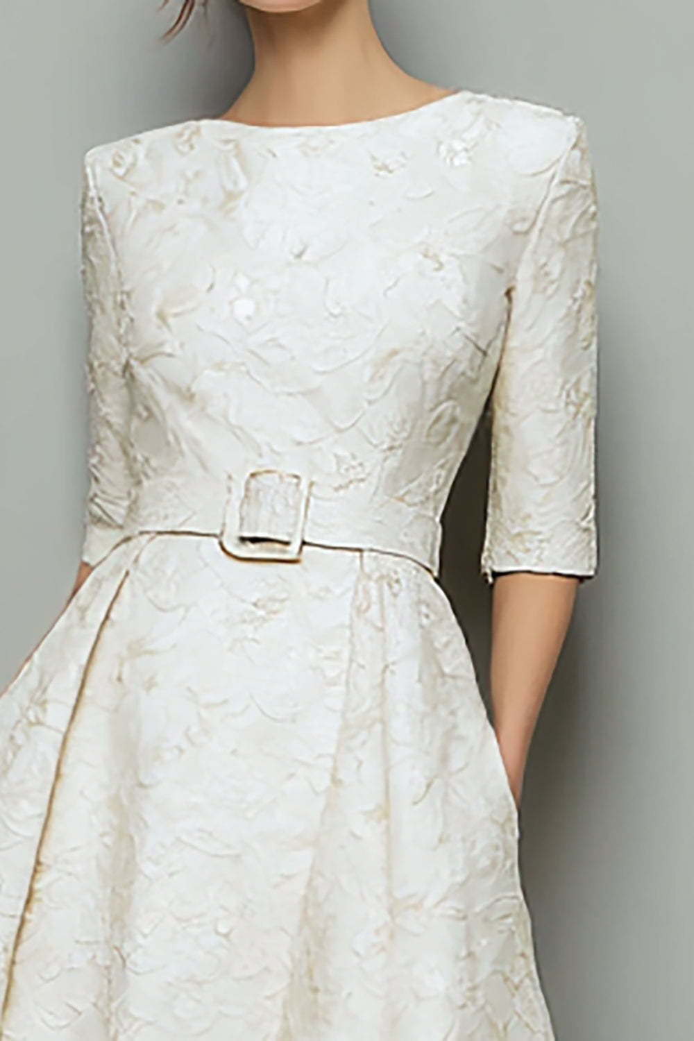 Ivory A Line Jacquard Midi Work Dress with Pockets