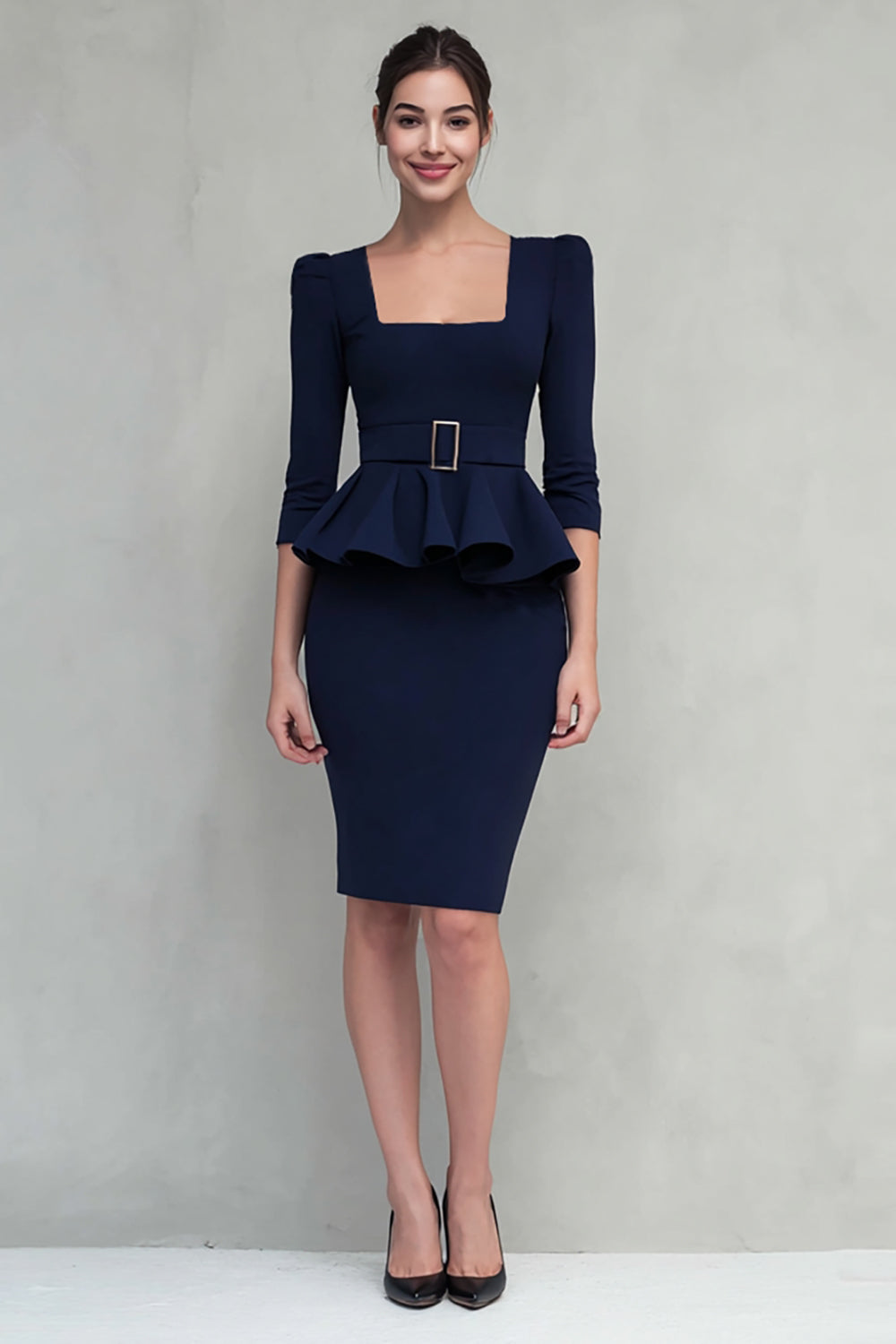 Leely Women Navy Pencil Crepe Midi Work Dress with Belt Ruffled Square Neck Business Dress with Sleeves