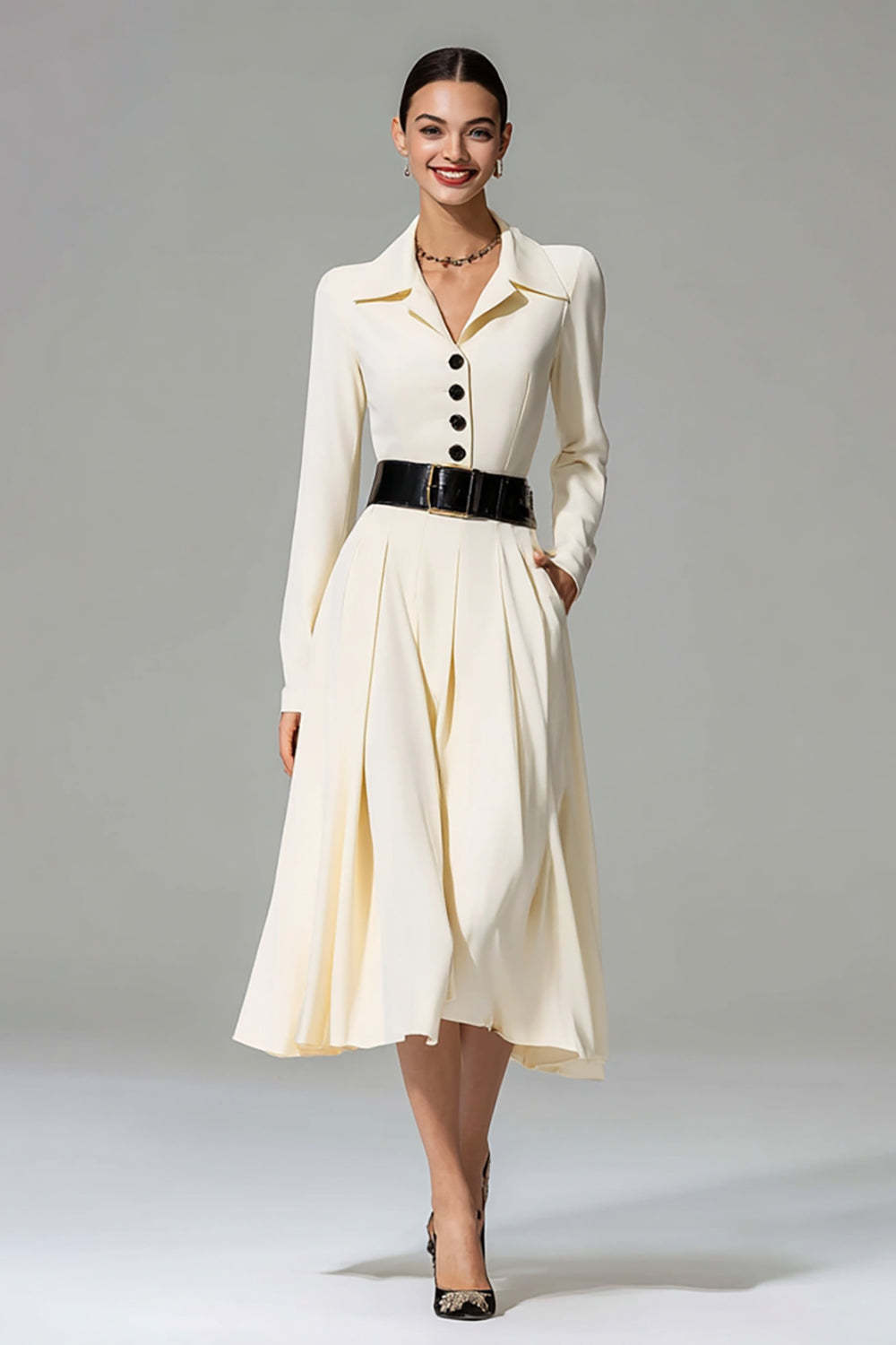 Leely Women Ivory Collar Neck Midi Work Dress with Pockets A Line Long Sleeves Single Breasted Interview Dress with Belt
