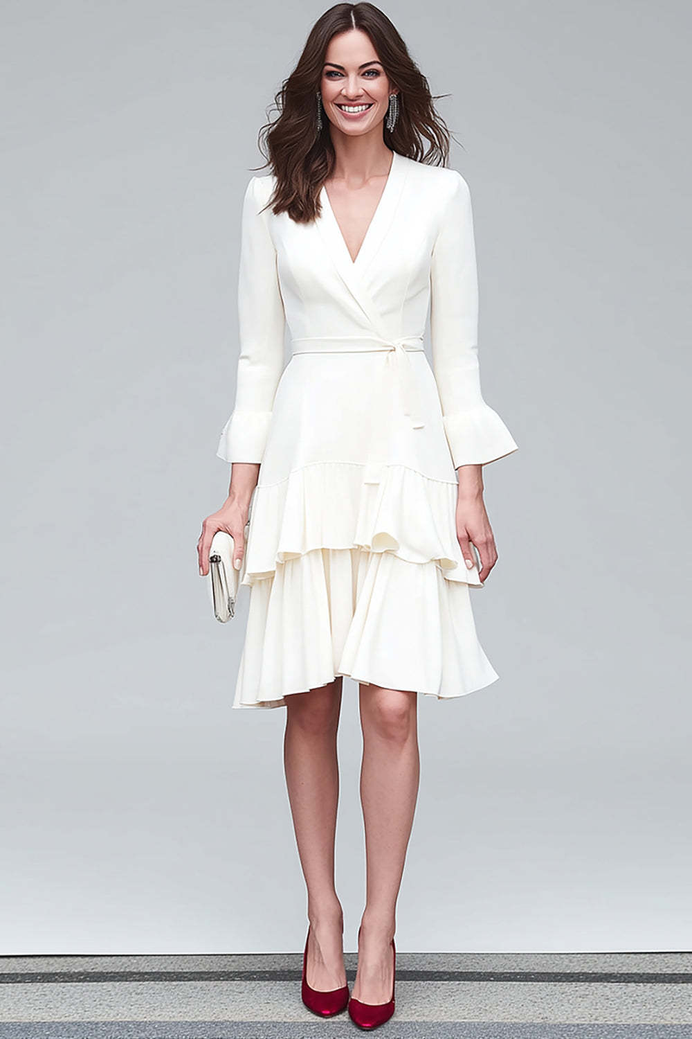 Leely Women Ivory Tiered Midi Work Dress with Sash V-Neck Ruffled A Line Interview Dress with Sleeves
