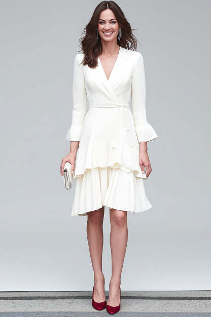 Leely Women Ivory Tiered Midi Work Dress with Sash V-Neck Ruffled A Line Interview Dress with Sleeves