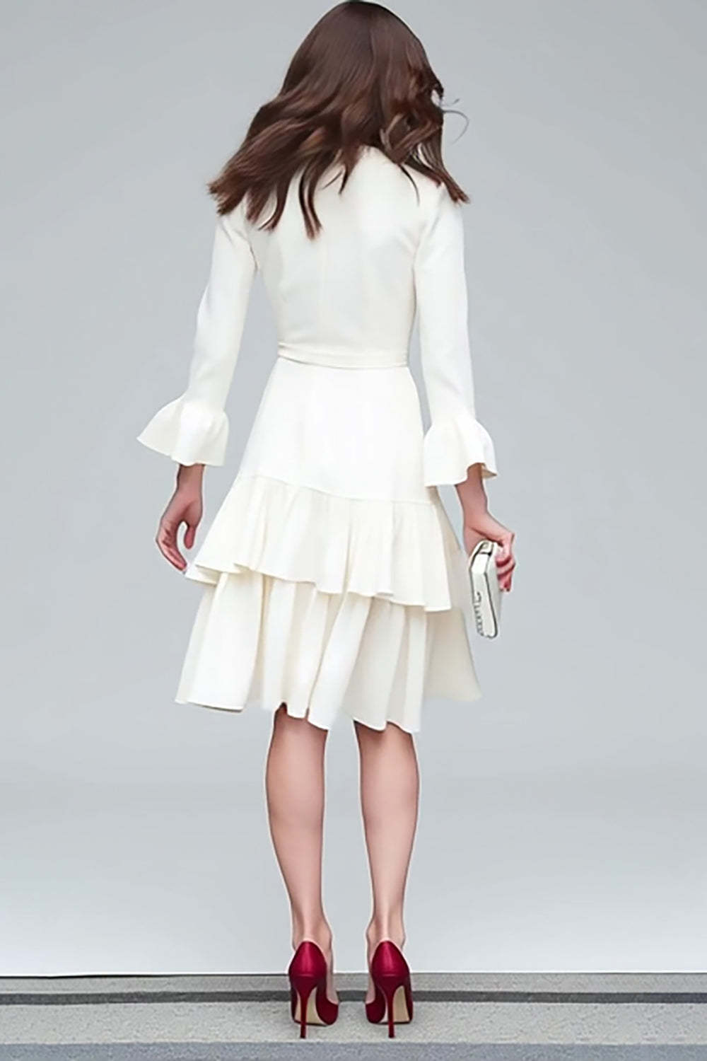 Ivory V-Neck A Line Tiered Midi Work Dress with Sash