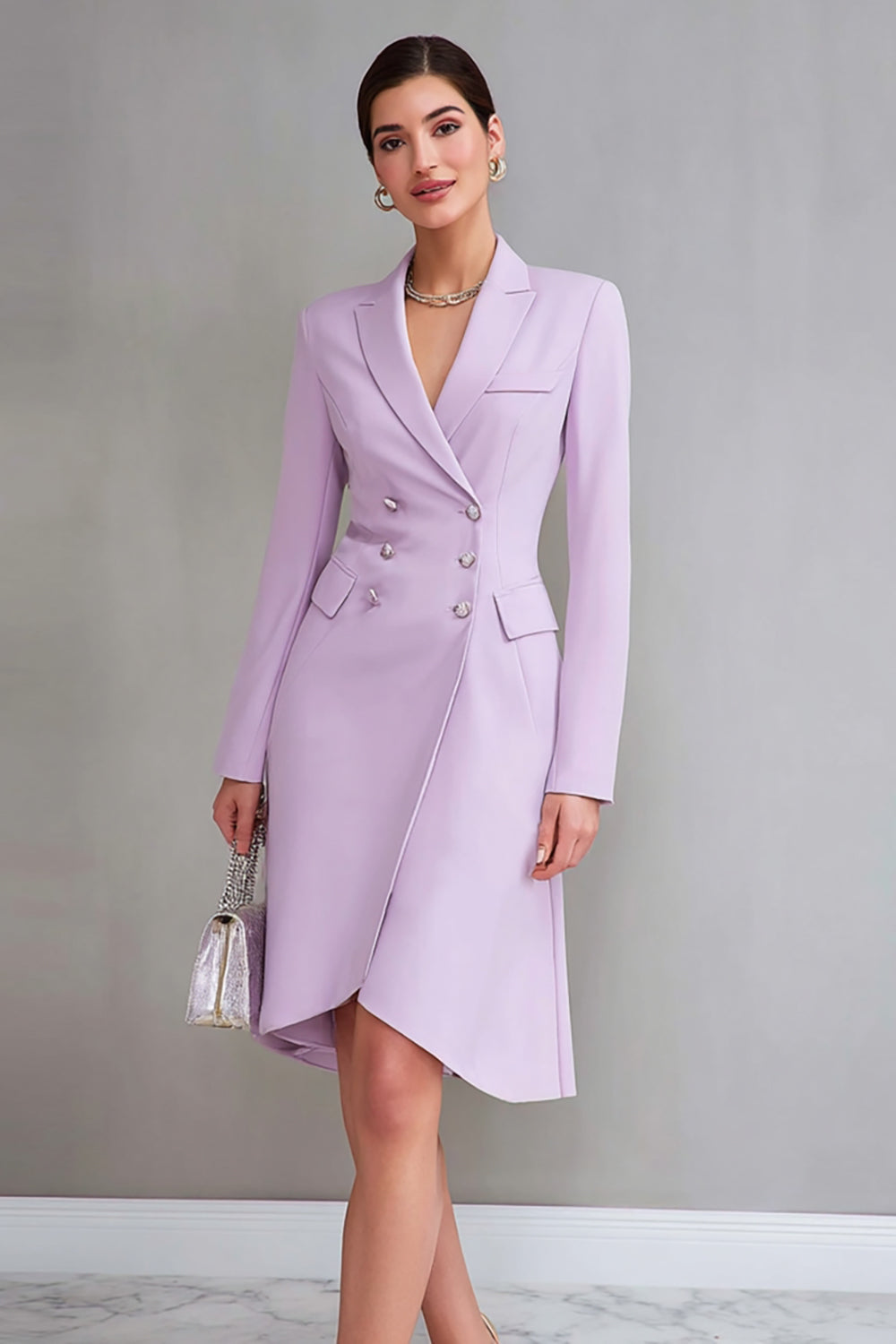 Leely Women Lilac Short Satin Work Blazer Dress Notched Lapel Double Breasted Interview Dress with Sleeves