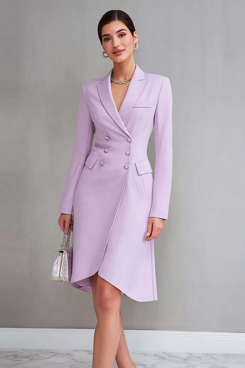 Leely Women Lilac Short Satin Work Blazer Dress Notched Lapel Double Breasted Interview Dress with Sleeves