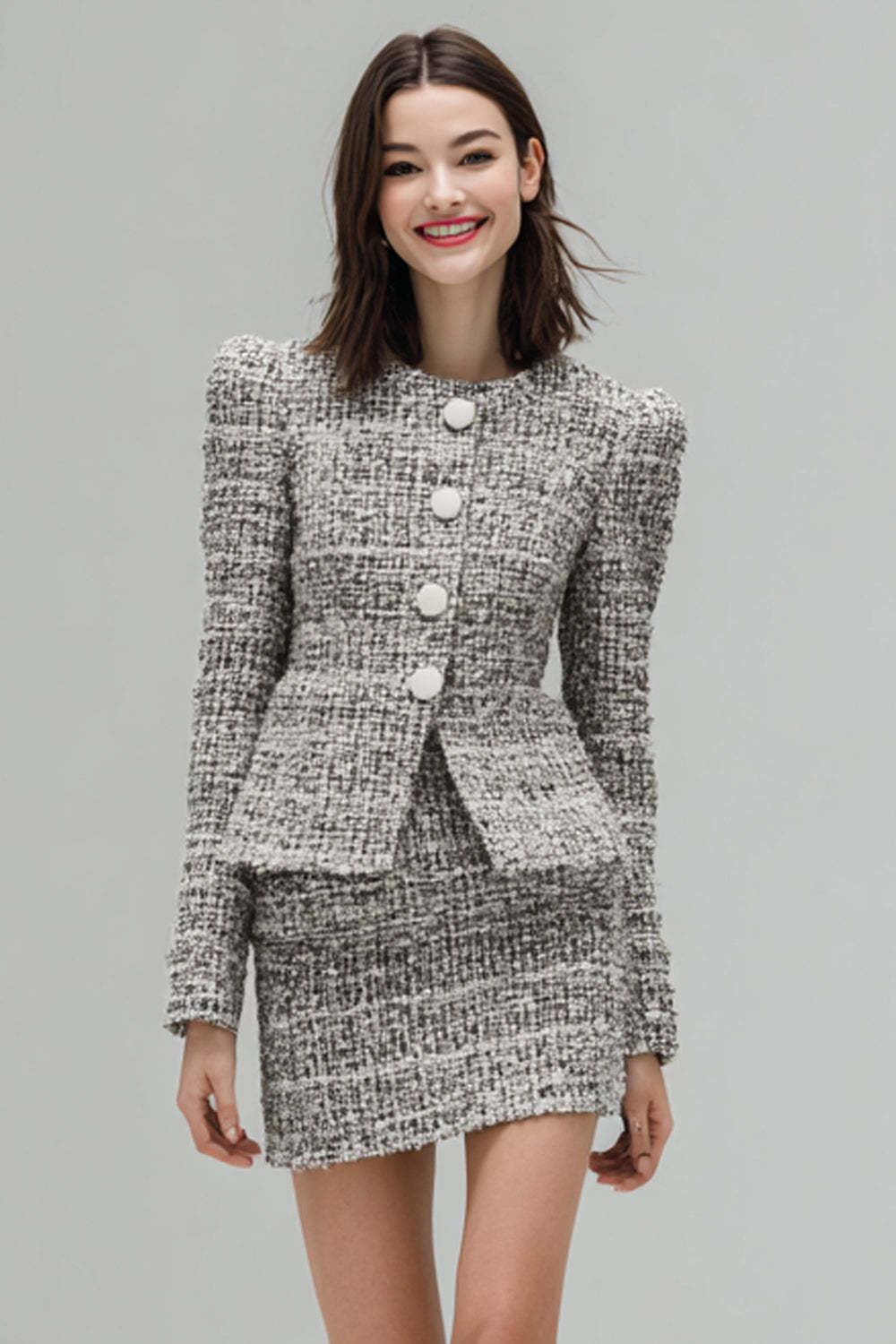 Leely Women Grey 2 Piece Tweed Outfits Single Breasted Pencil Short Business Suits