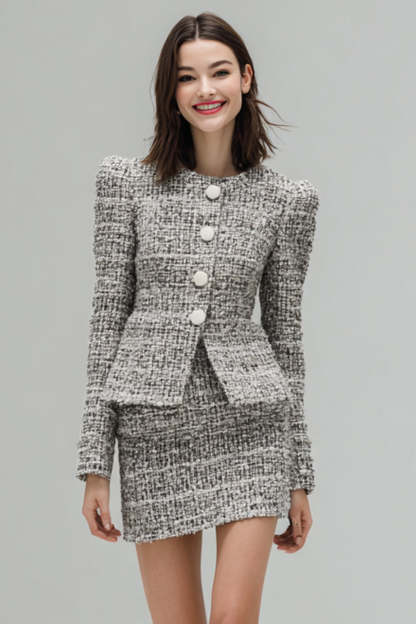 Leely Women Grey 2 Piece Tweed Outfits Single Breasted Pencil Short Business Suits
