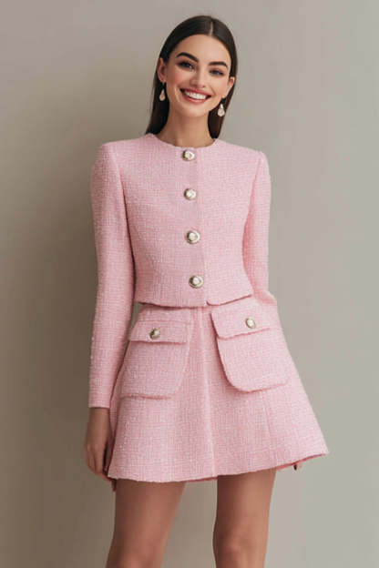 Leely Women Pink 2 Piece Tweed Outfits Single Breasted A Line Short Business Suits with Sleeves