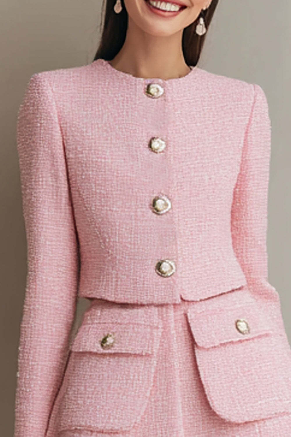 Pink 2 Piece Single Breasted Short Tweed Outfits